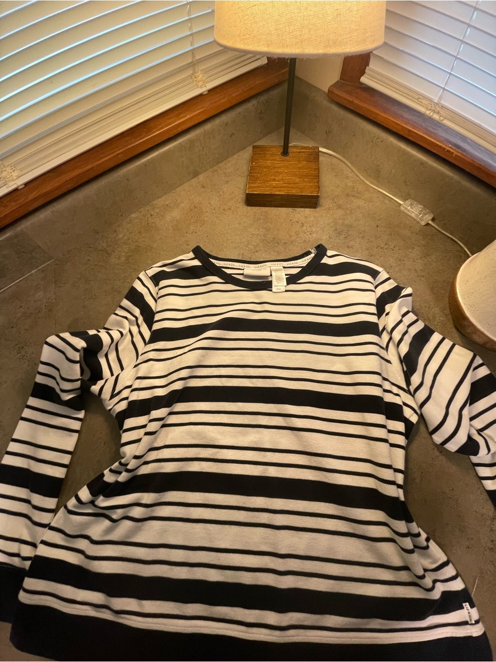 Vintage Liz Claiborne Navy and White Striped Long Sleeve Tee Size: L